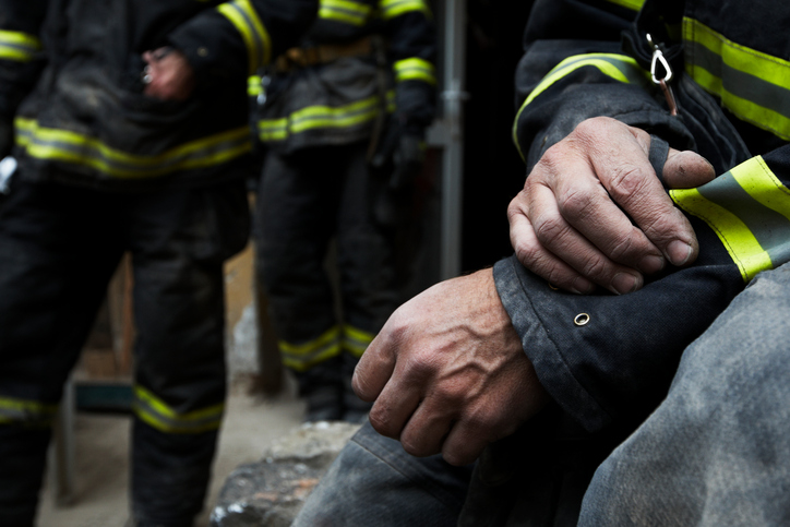 October 2010, Prague, Czech Republic. Building collapssed. Firefighter resting during the rescue work.