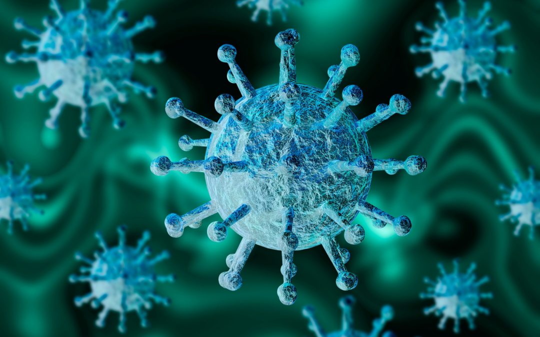 microscopic magnification of coronavirus that causes flu and chronic pneumonia leading to death. 3D rendering