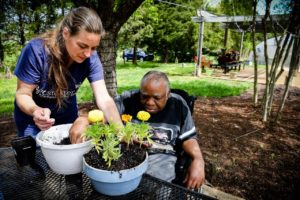 A woman with a ponytail helps a black man in a wheelchair plant marigolds