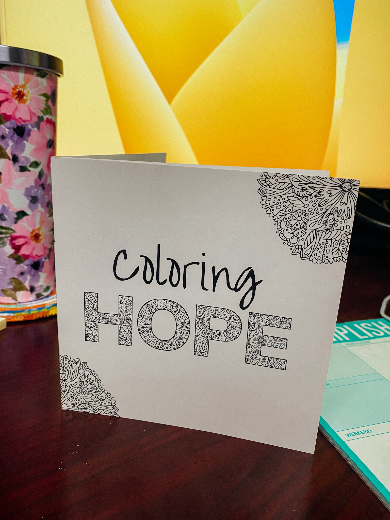 Small booklet that reads "coloring hope"