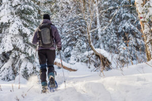 Shown from behind, a young man snowshoeing in winter,