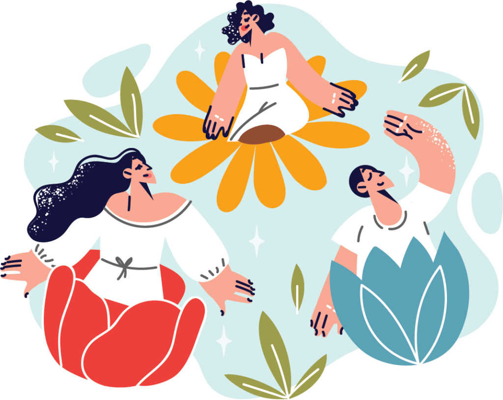 Illustration of three women in flowers