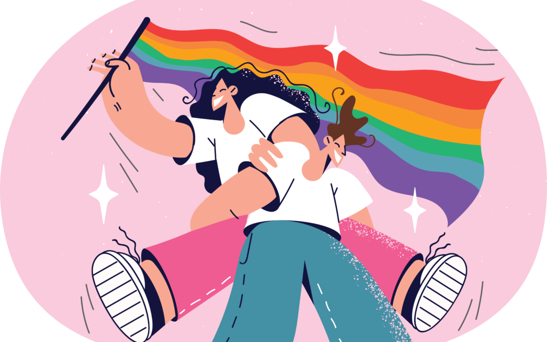 Illustration of two individuals holding a rainbow flag